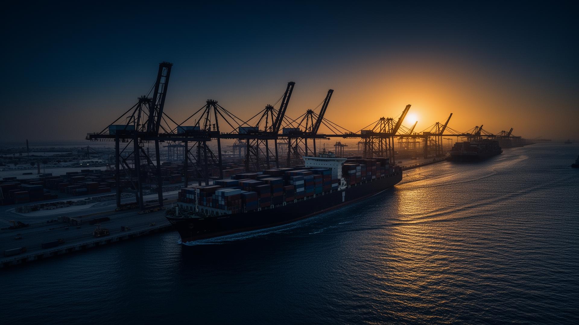 Dubai port at golden hour with container ship and cranes